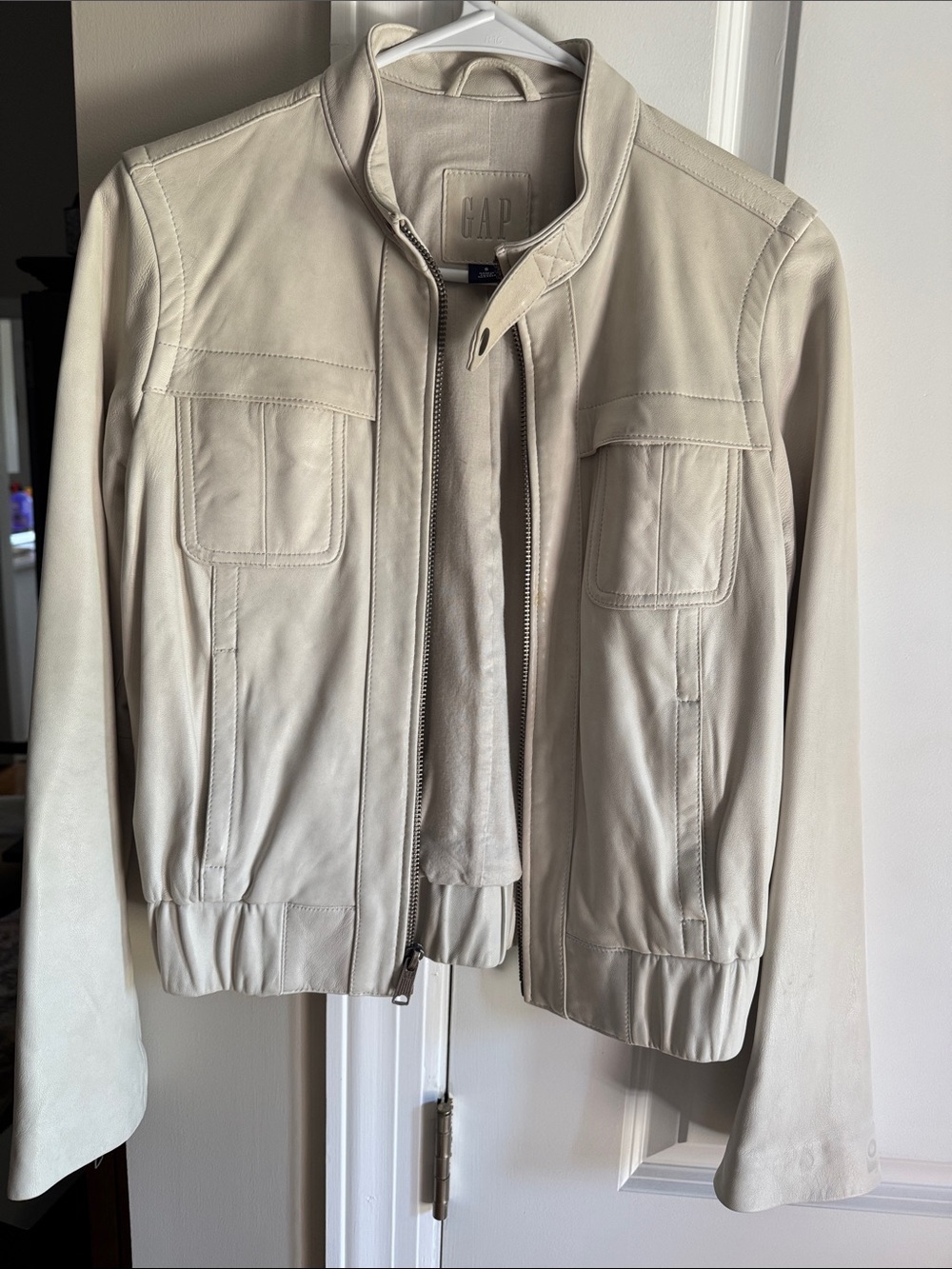 GAP Cream Leather Bomber Jacket
